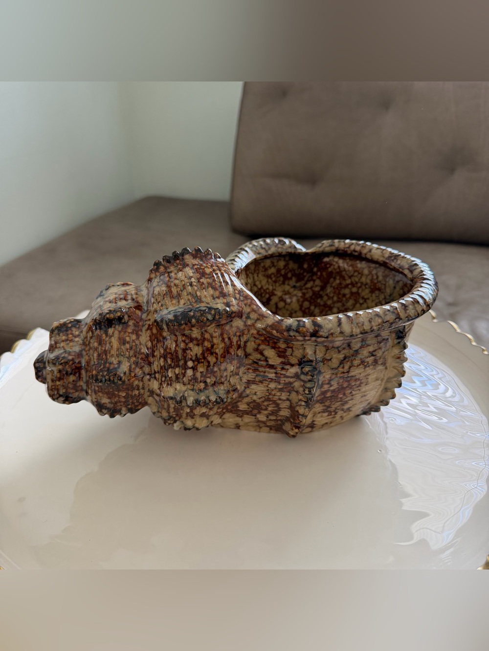 Vintage Ceramic Conch Shell Planter Brown Spongeware